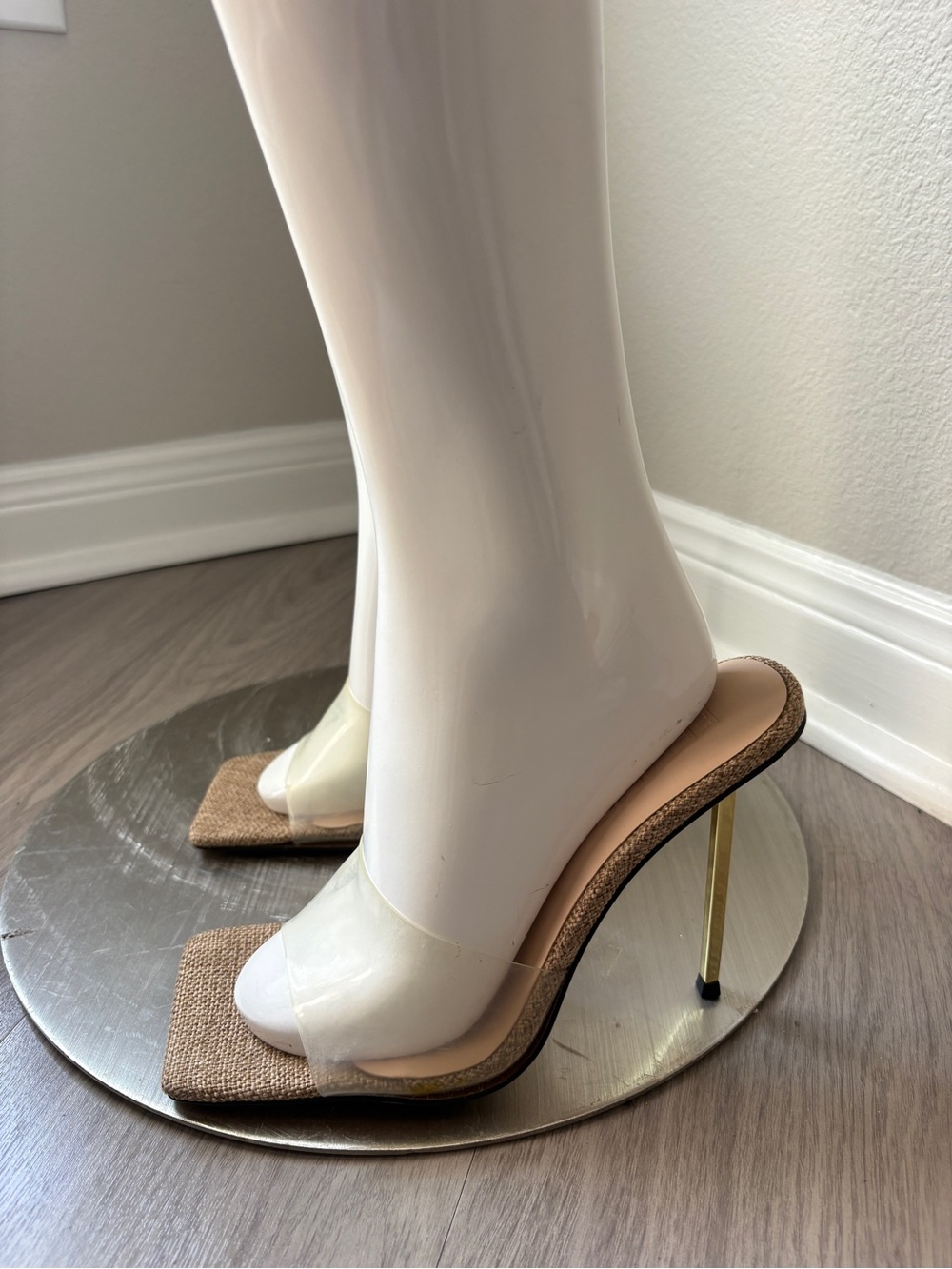 FEMME Clear Band Tan Woven Square-Toe Stiletto Heels